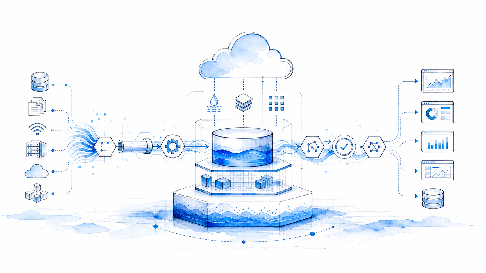 Sketch of an Azure data engineering platform connecting sources, pipelines, a lakehouse, quality checks, and analytics